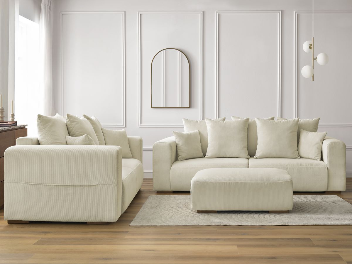 Ensemble canapé droit 3 + 2 places SIDONIE velours côtelé avec pouf beige — vue 5