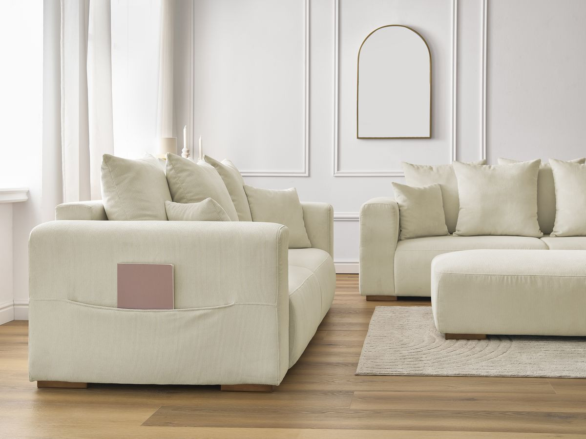 Canapé d'angle fixe EVEREST tissu chiné - Orange - Angle droit - 10 coussins