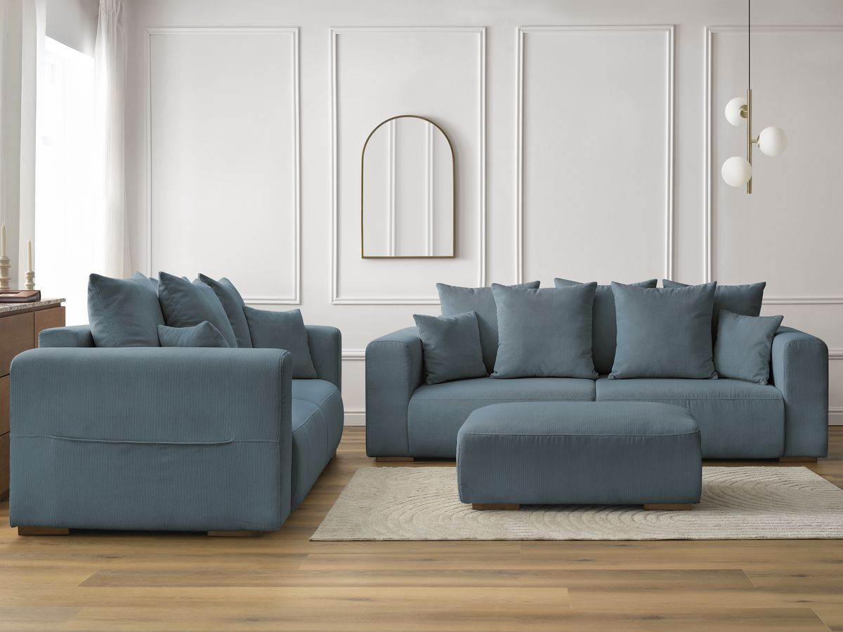 Ensemble canapé droit 3 + 2 places SIDONIE velours côtelé avec pouf bleu foncé — vue 5