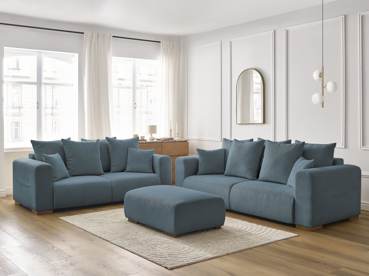 Ensemble canapé droit fixe 3 + 2 places SIDONIE velours côtelé avec pouf