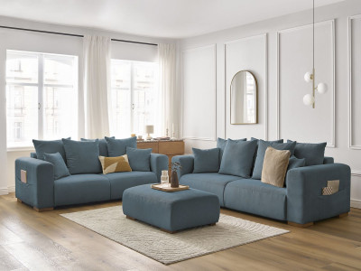 Ensemble canapé droit fixe 3 + 2 places SIDONIE velours côtelé avec pouf