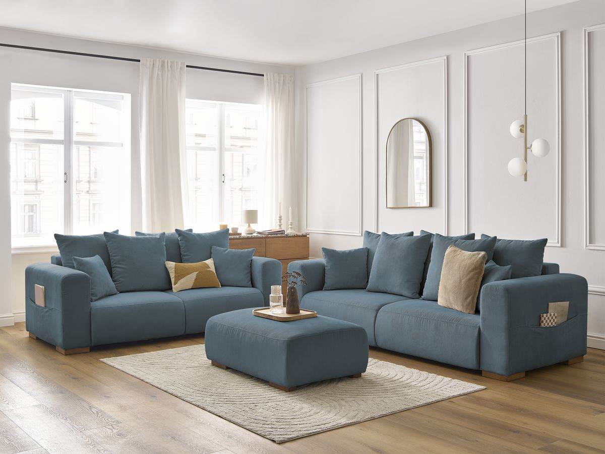 Ensemble canapé droit fixe 3 + 2 places SIDONIE velours côtelé avec pouf