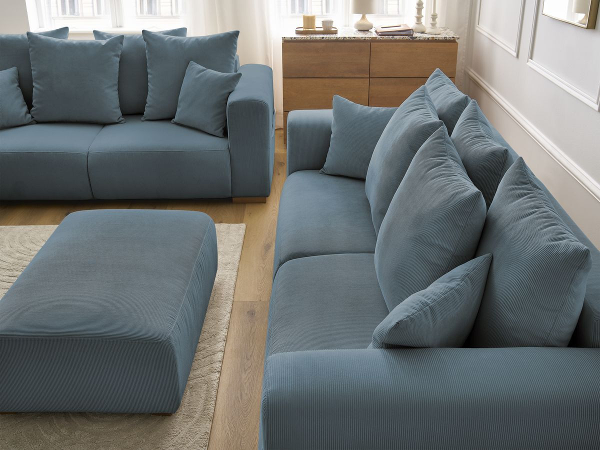 Ensemble canapé droit fixe 3 + 2 places SIDONIE velours côtelé avec pouf