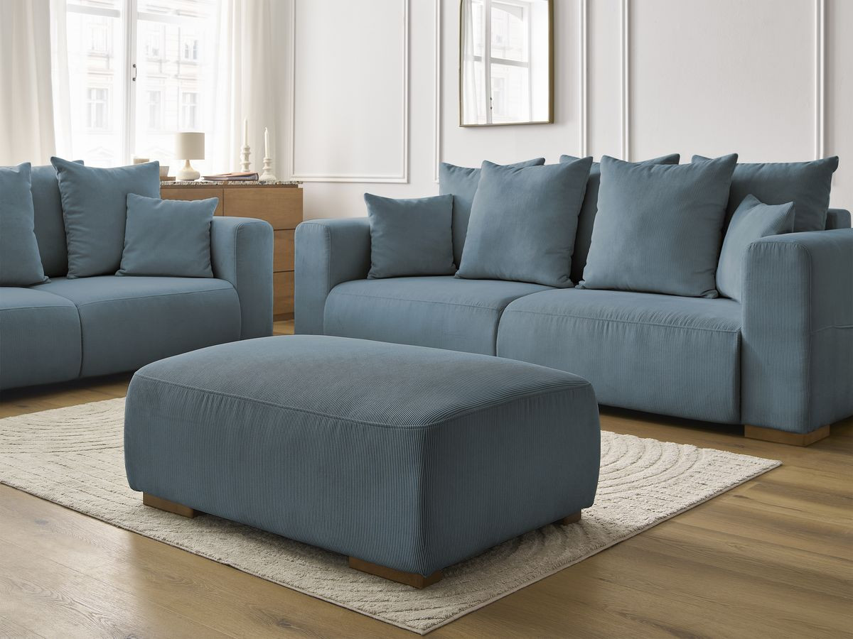 Ensemble canapé droit fixe 3 + 2 places SIDONIE velours côtelé avec pouf