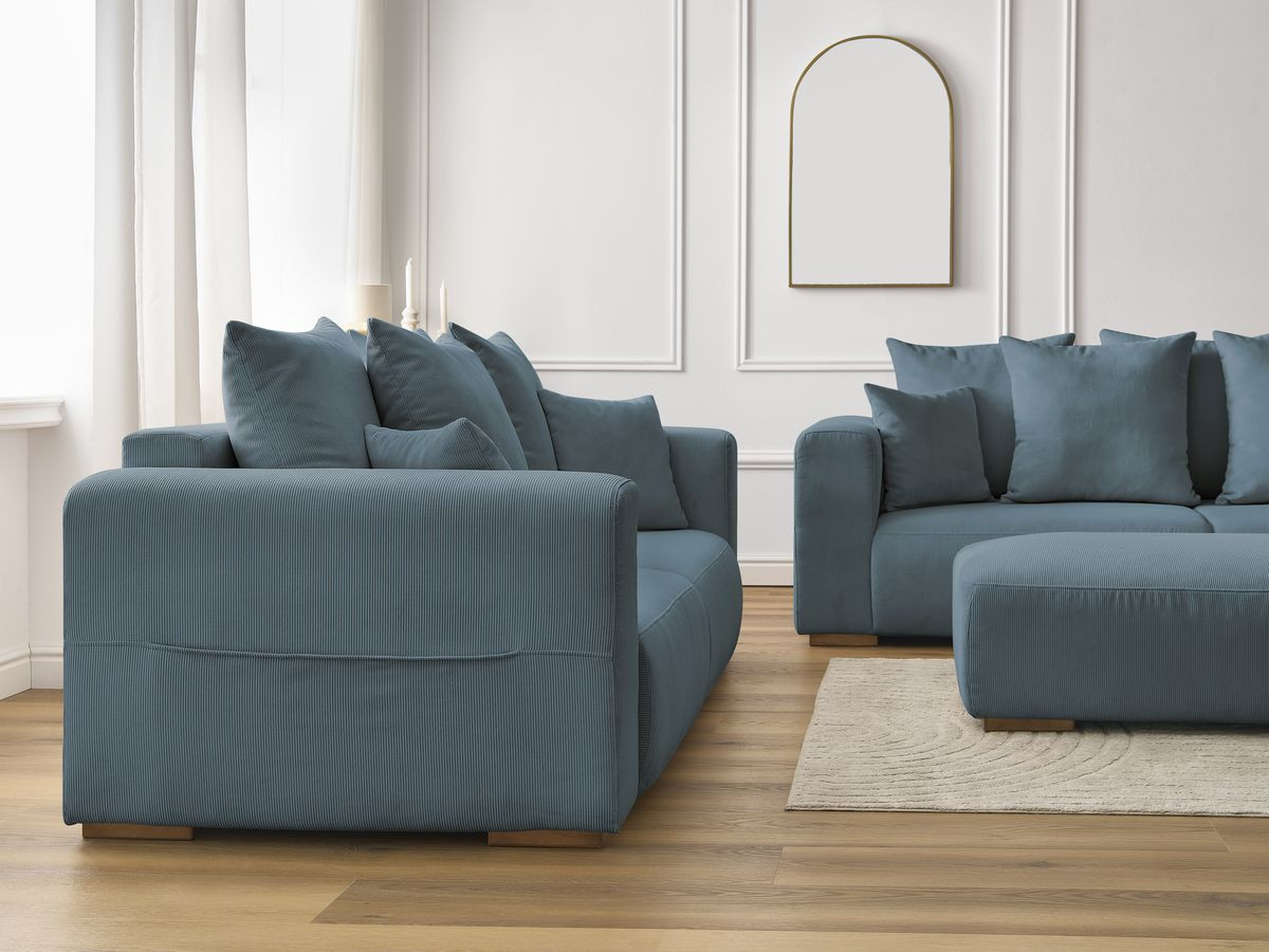 Ensemble canapé droit fixe 3 + 2 places SIDONIE velours côtelé avec pouf