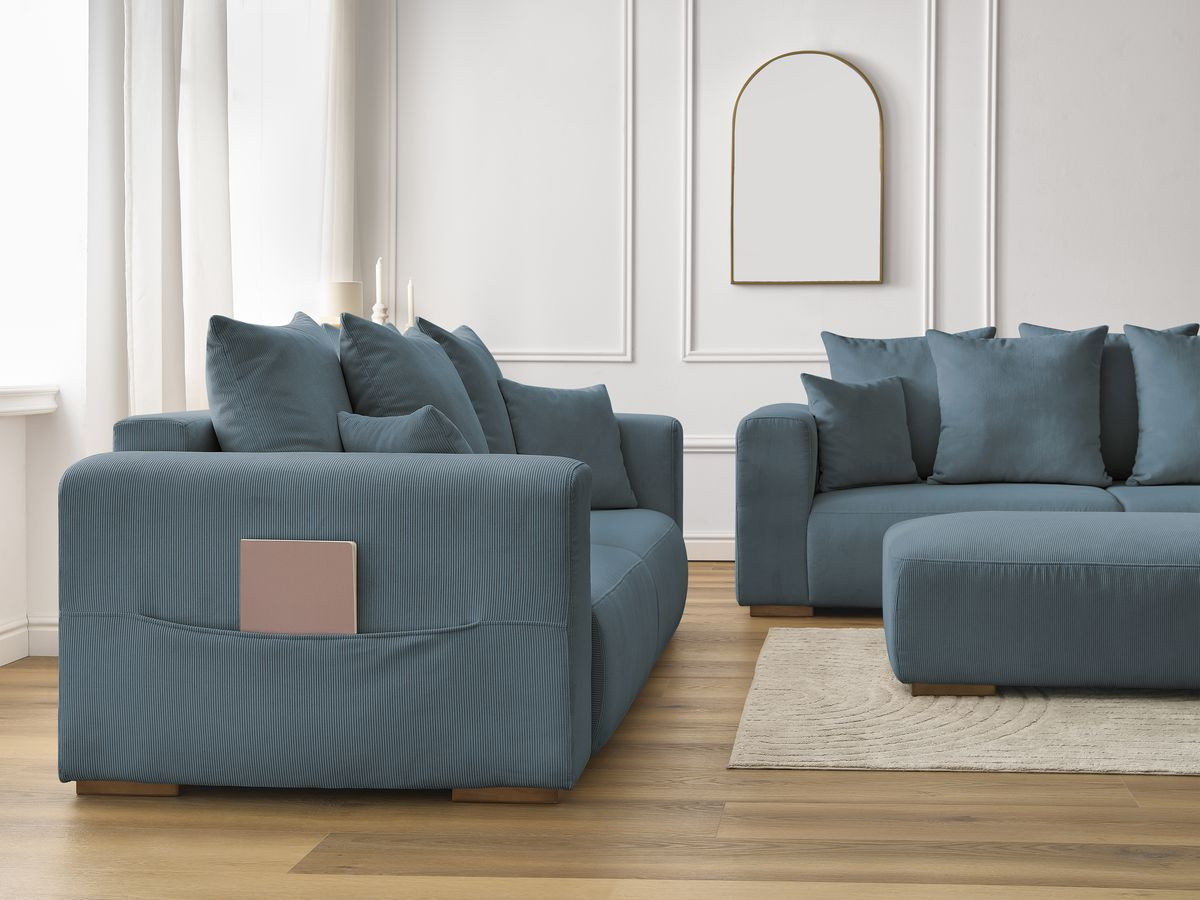 Ensemble canapé droit fixe 3 + 2 places SIDONIE velours côtelé avec pouf
