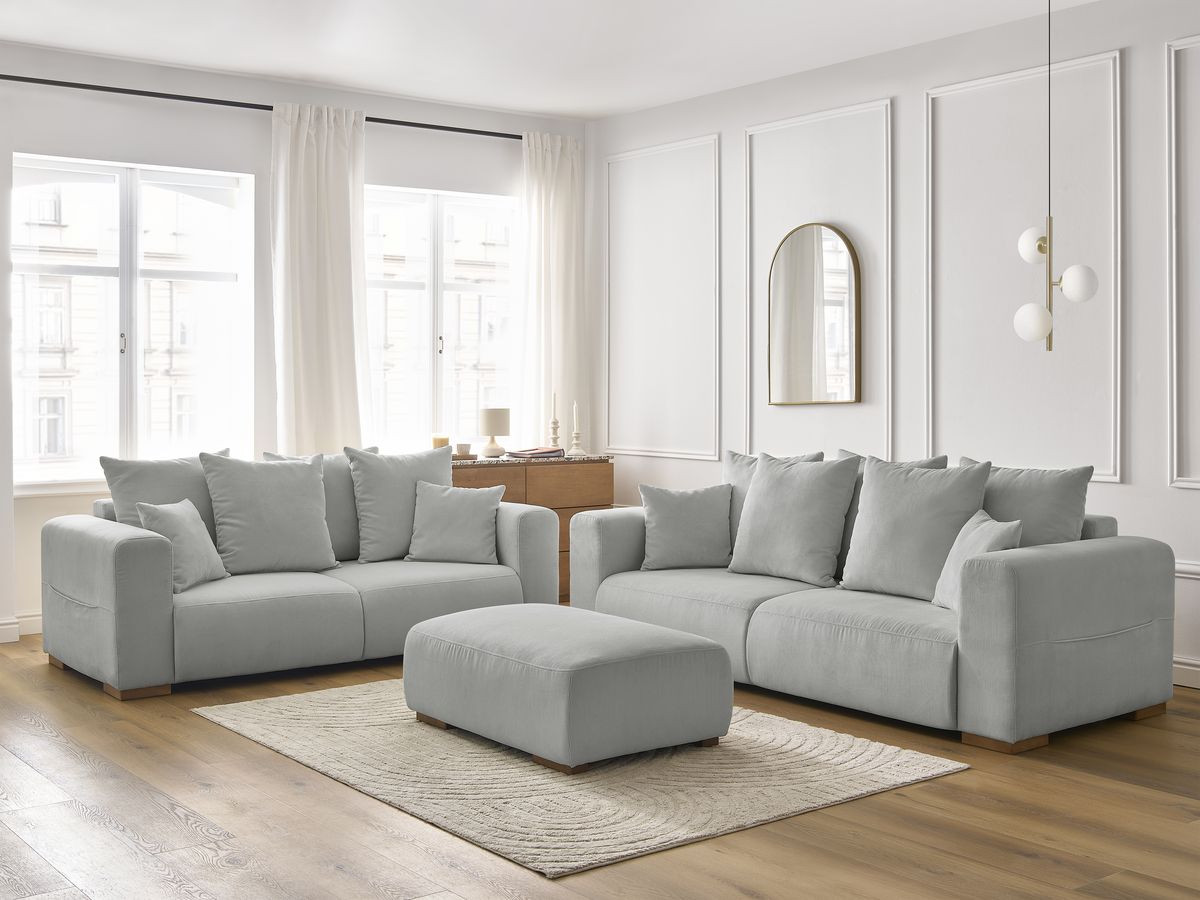 Ensemble canapé droit fixe 3 + 2 places SIDONIE velours côtelé avec pouf