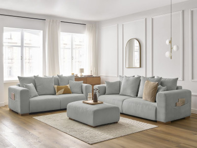 Ensemble canapé droit fixe 3 + 2 places SIDONIE velours côtelé avec pouf
