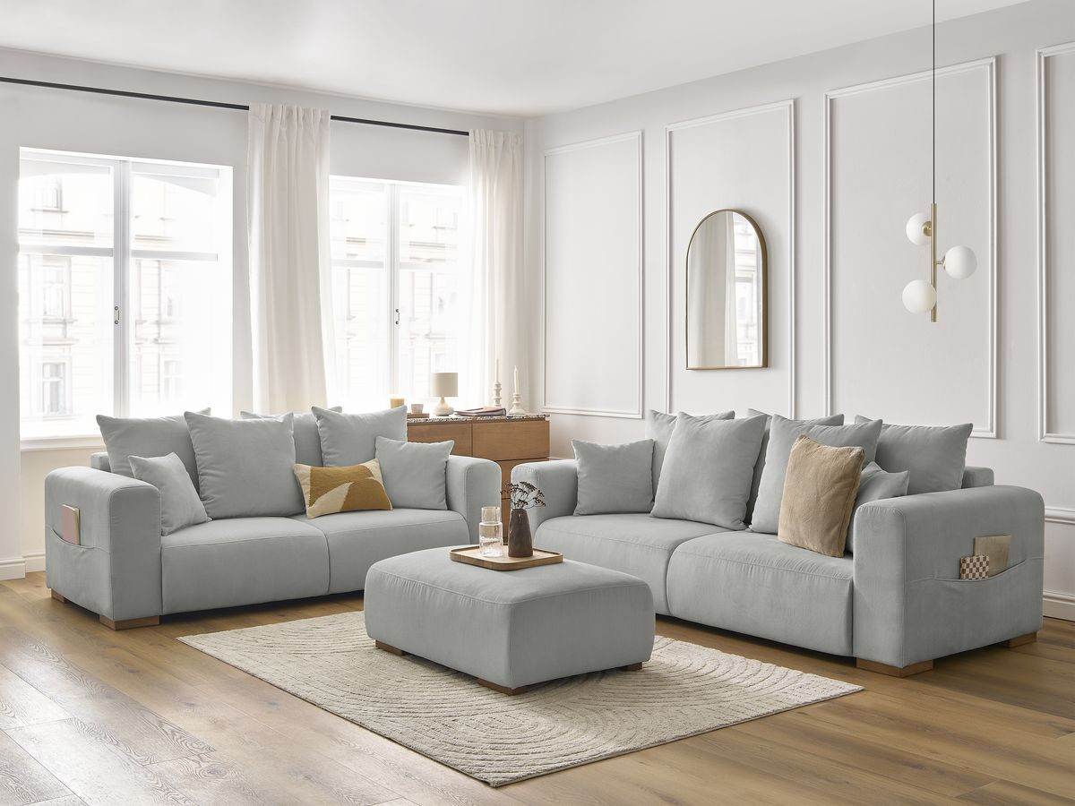 Ensemble canapé droit fixe 3 + 2 places SIDONIE velours côtelé avec pouf