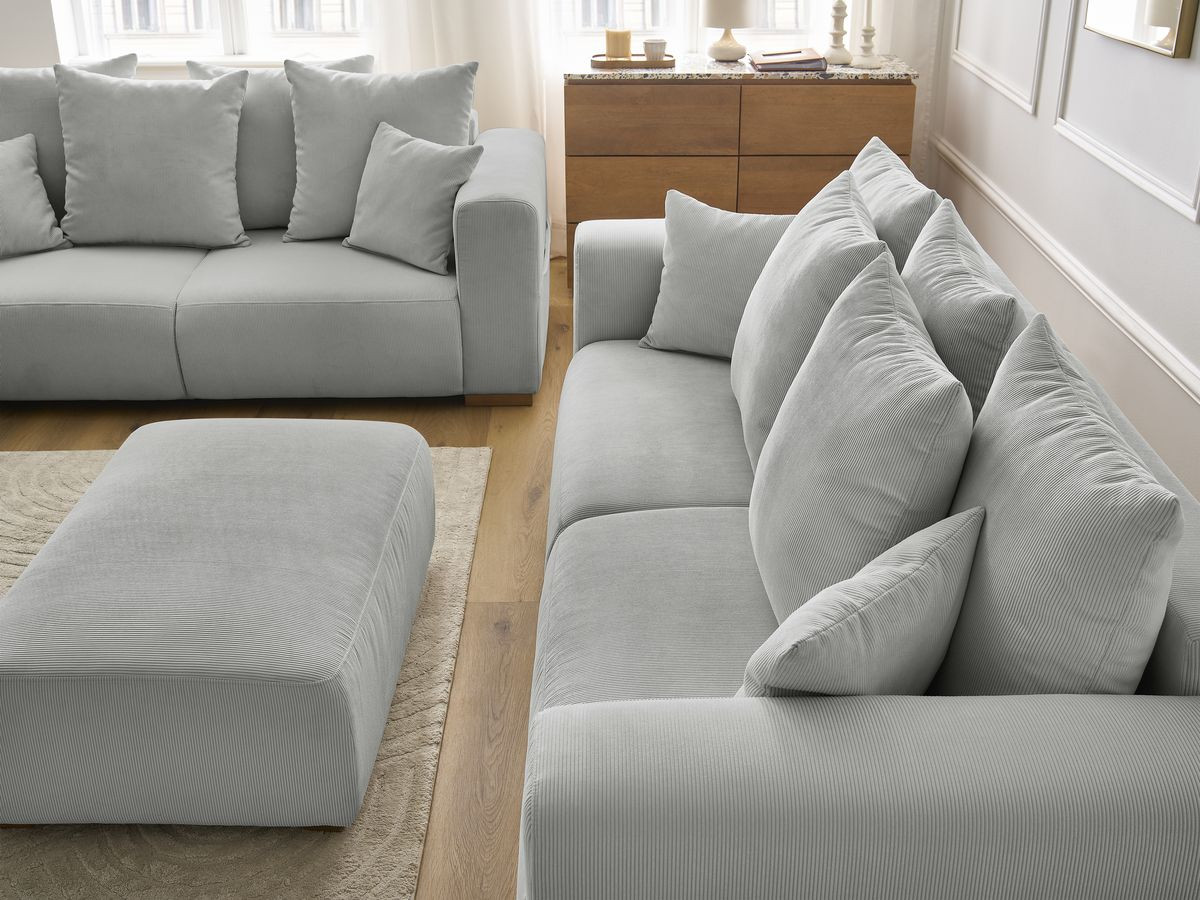Ensemble canapé droit fixe 3 + 2 places SIDONIE velours côtelé avec pouf