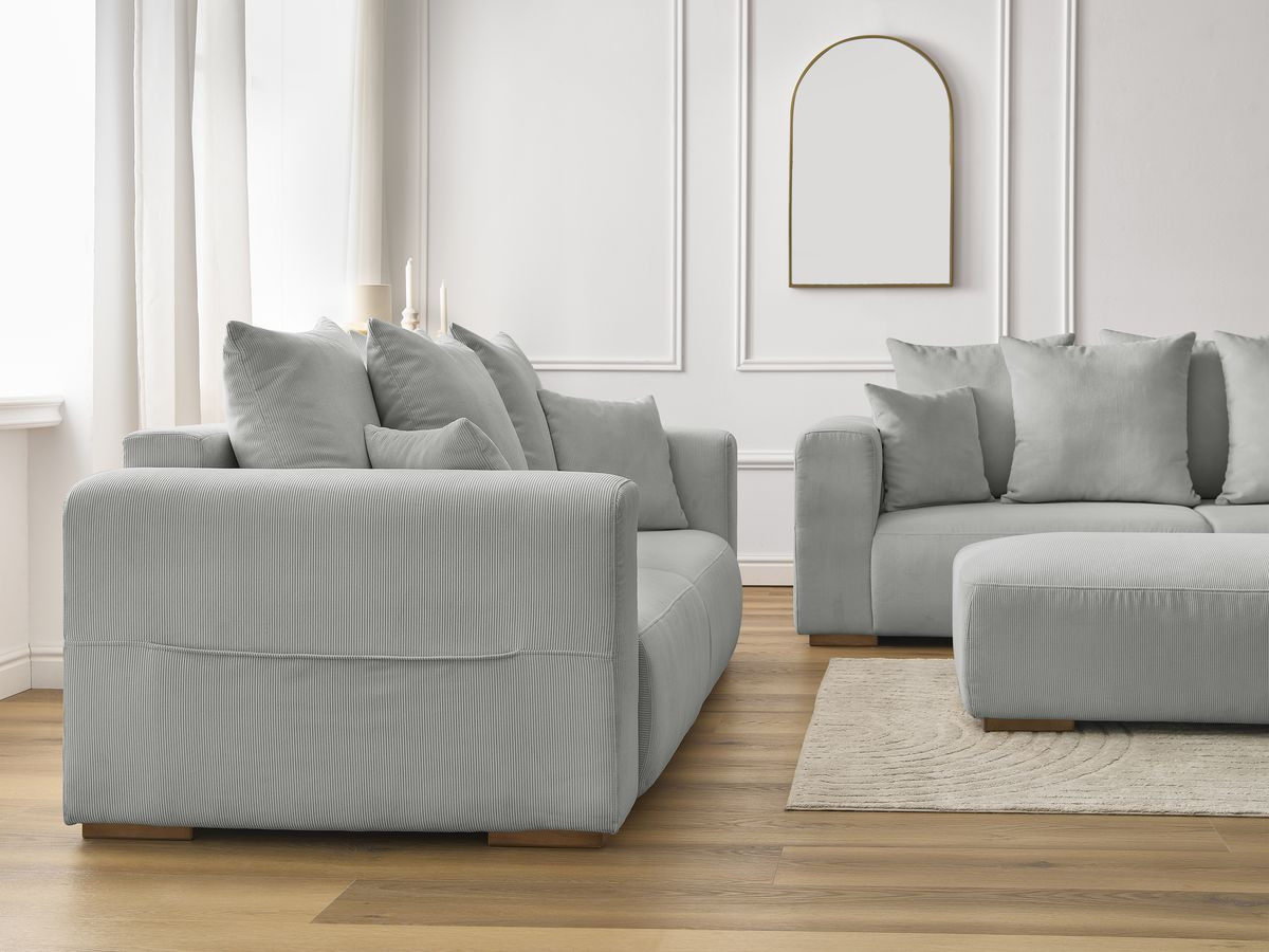 Ensemble canapé droit fixe 3 + 2 places SIDONIE velours côtelé avec pouf