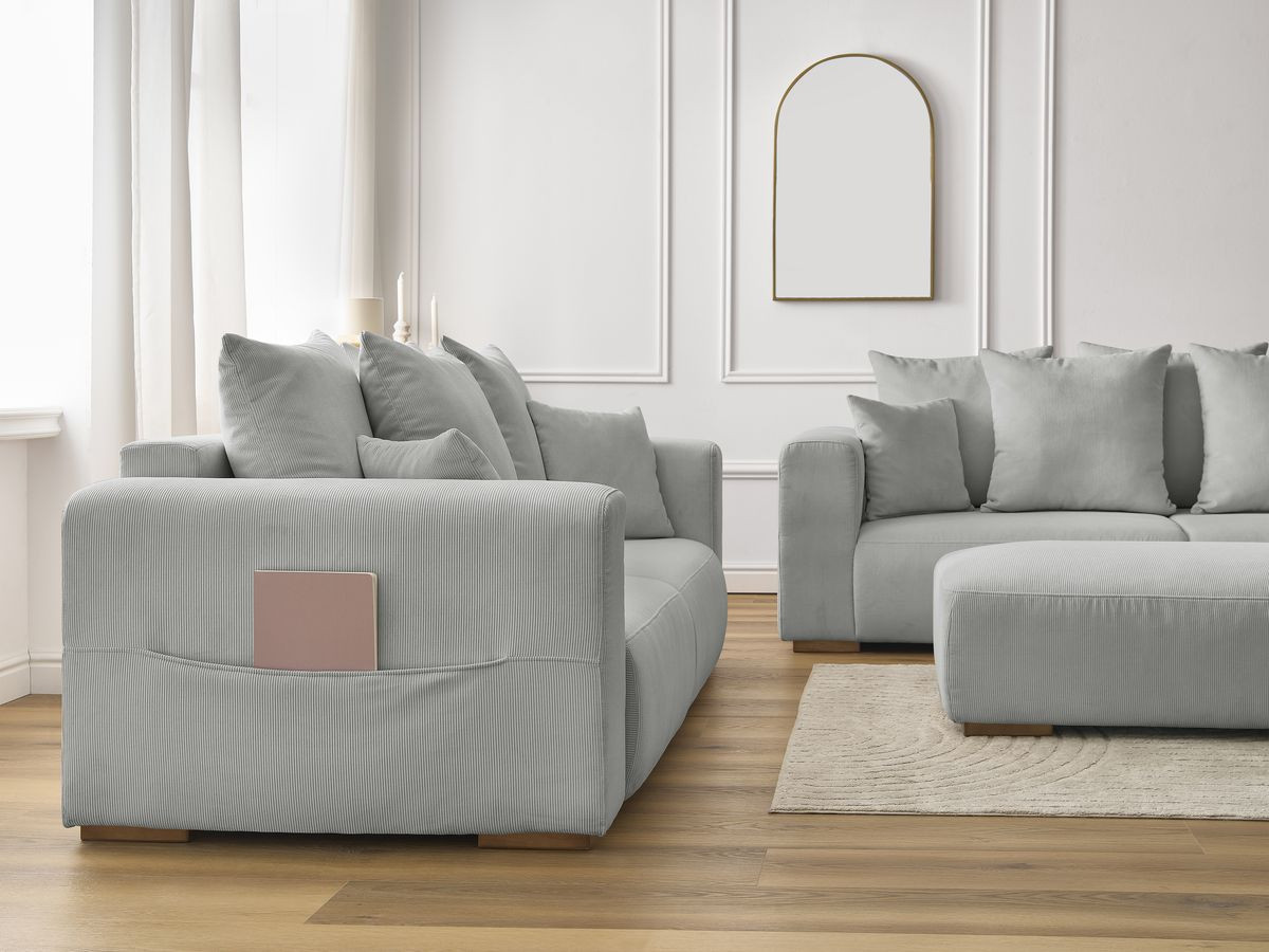 Ensemble canapé droit fixe 3 + 2 places SIDONIE velours côtelé avec pouf