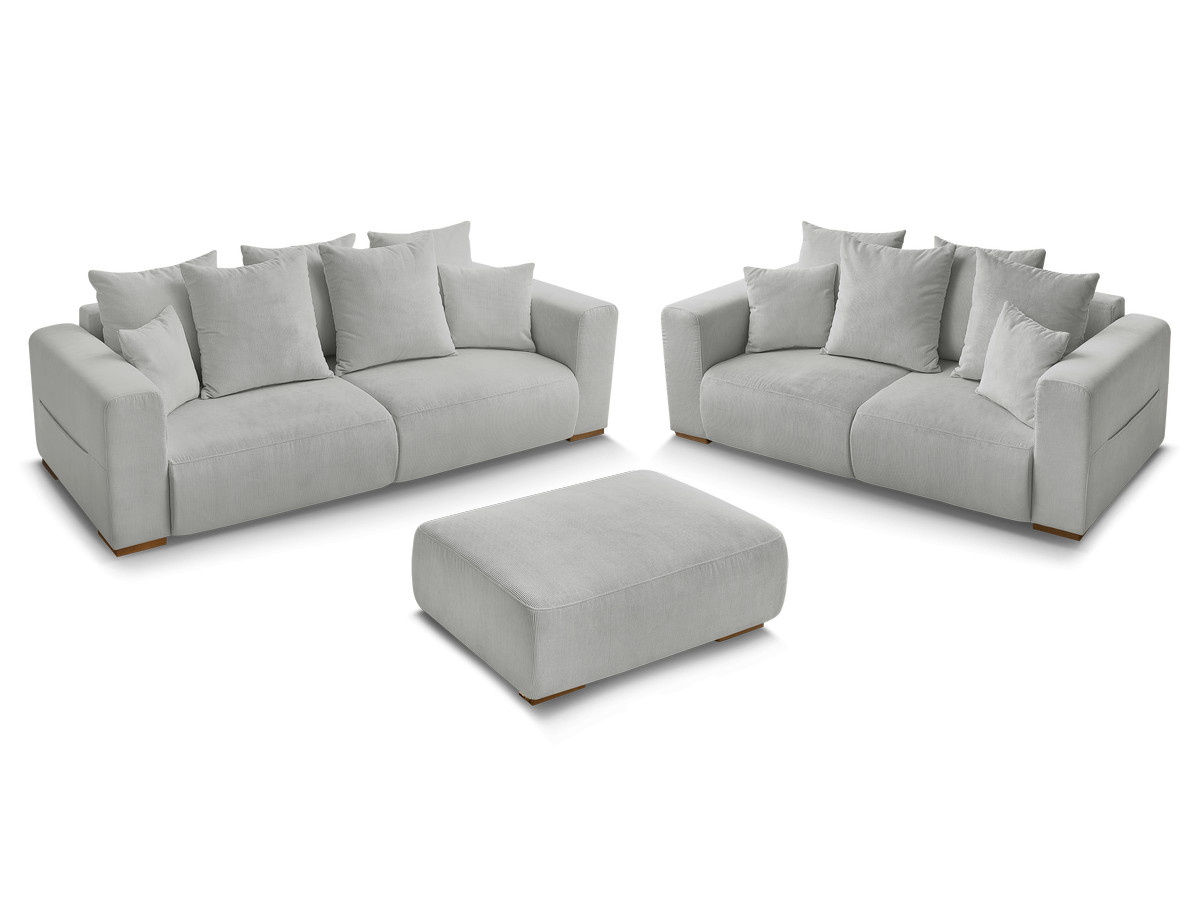 Ensemble canapé droit fixe 3 + 2 places SIDONIE velours côtelé avec pouf