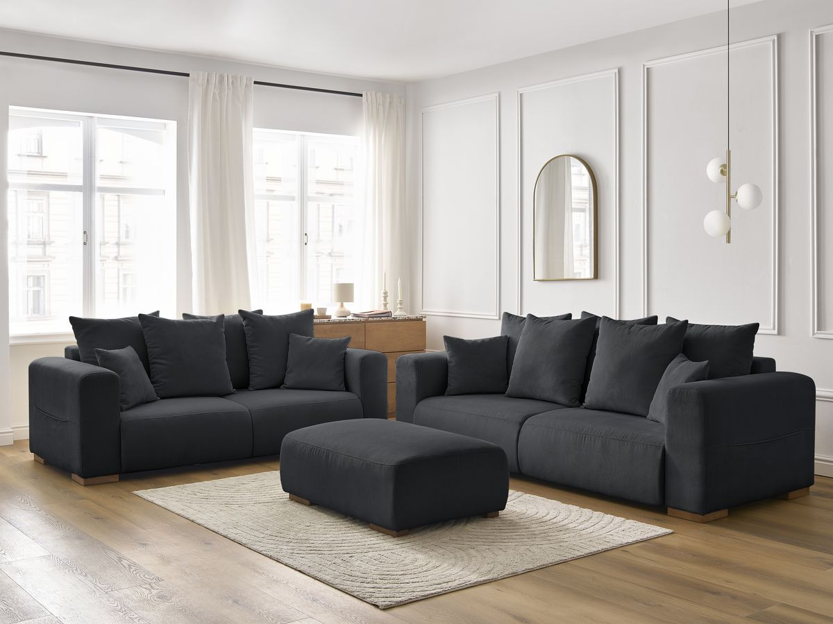 Ensemble canapé droit fixe 3 + 2 places SIDONIE velours côtelé avec pouf