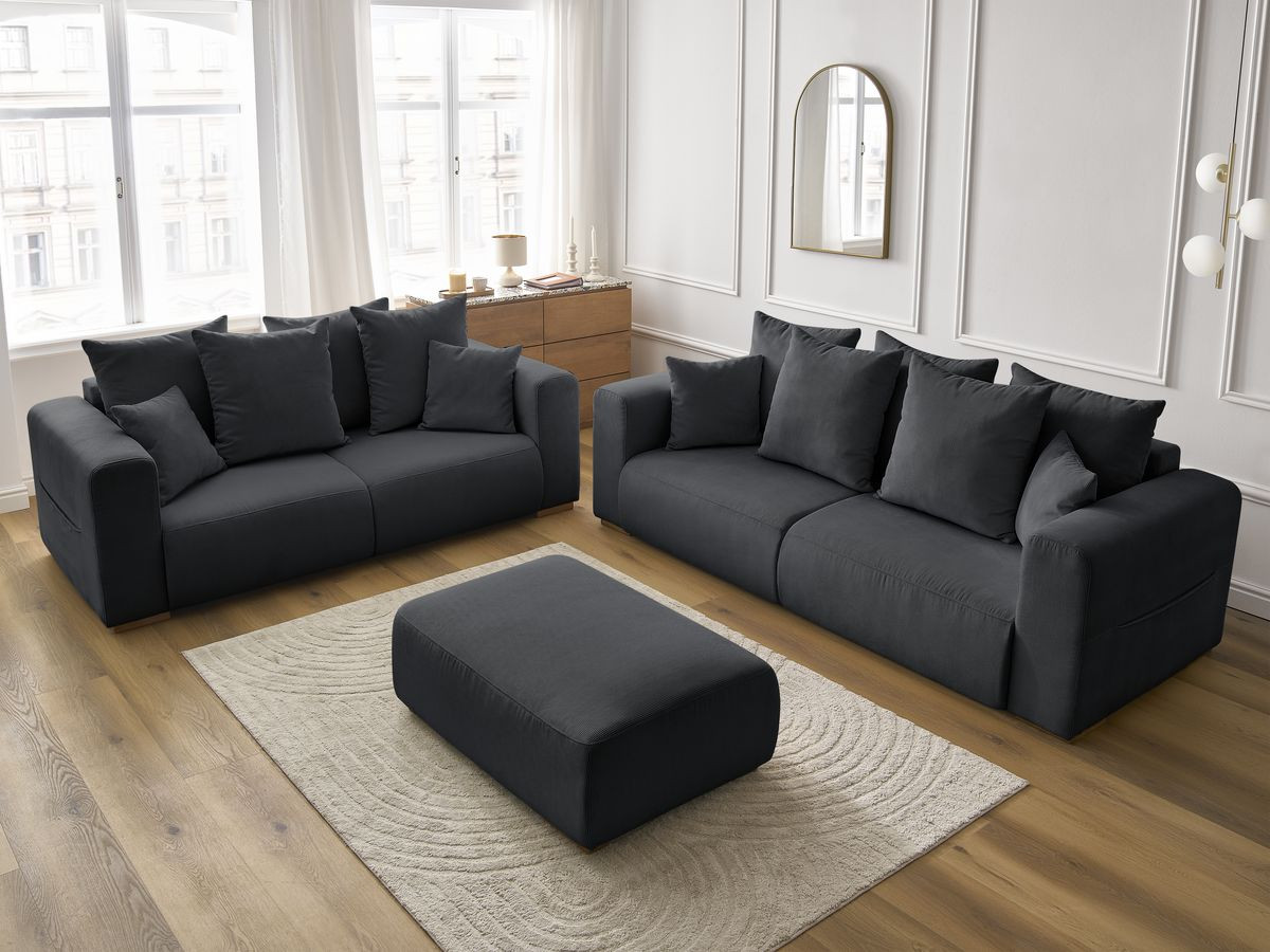 Ensemble canapé droit fixe 3 + 2 places SIDONIE velours côtelé avec pouf