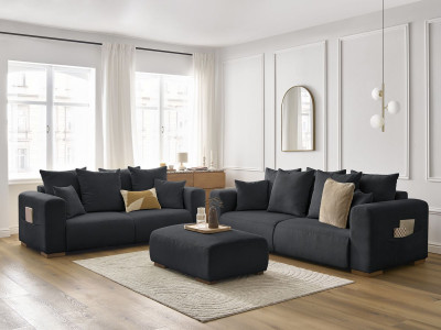 Ensemble canapé droit fixe 3 + 2 places SIDONIE velours côtelé avec pouf