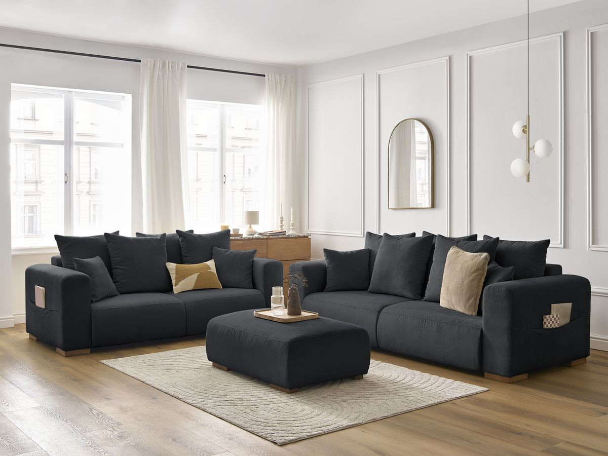 Ensemble canapé droit fixe 3 + 2 places SIDONIE velours côtelé avec pouf