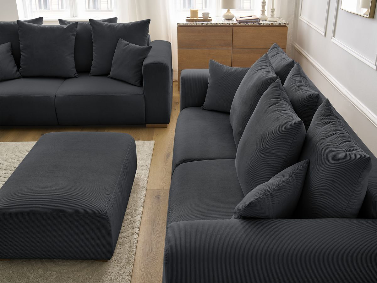 Ensemble canapé droit fixe 3 + 2 places SIDONIE velours côtelé avec pouf