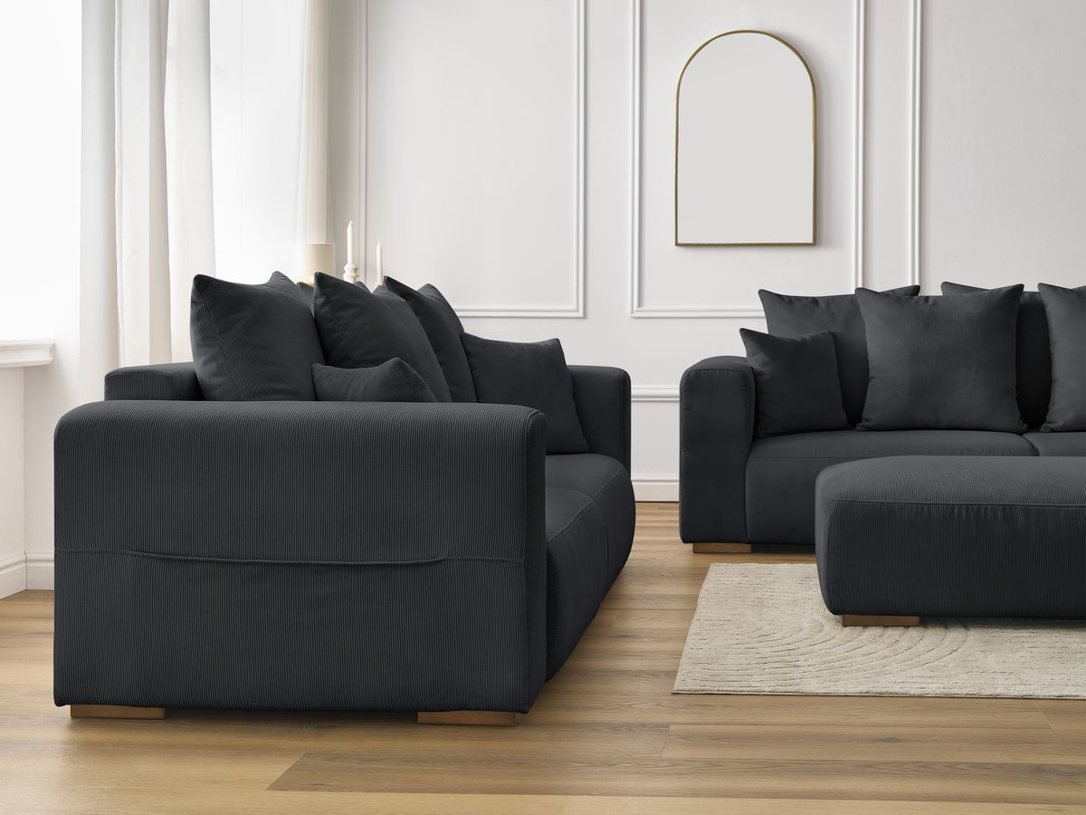 Ensemble canapé droit fixe 3 + 2 places SIDONIE velours côtelé avec pouf