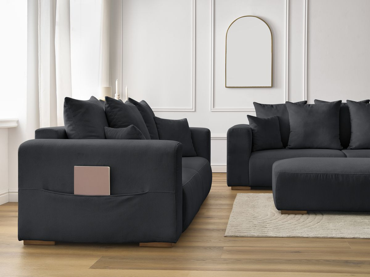 Ensemble canapé droit fixe 3 + 2 places SIDONIE velours côtelé avec pouf