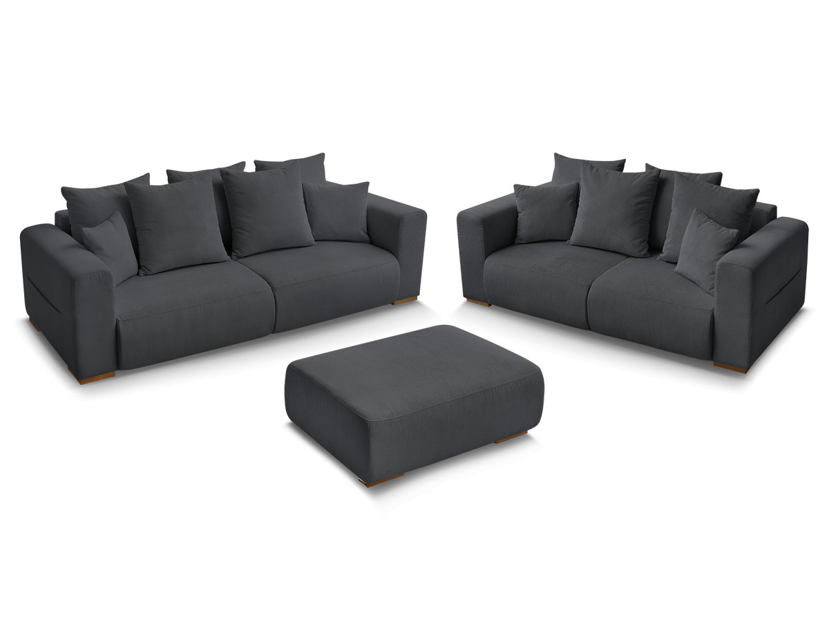 Ensemble canapé droit fixe 3 + 2 places SIDONIE velours côtelé avec pouf