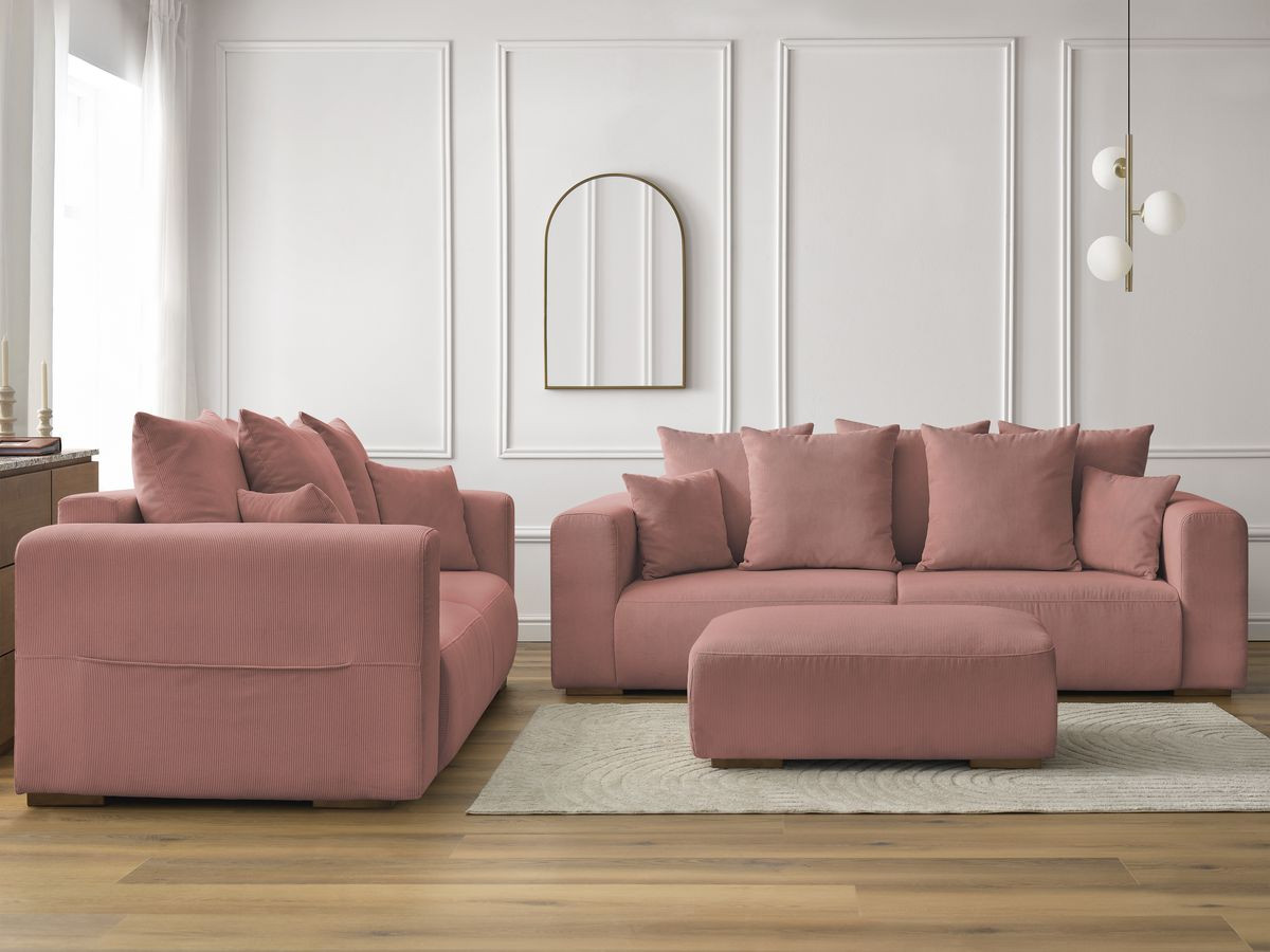 Ensemble canapé droit 3 + 2 places SIDONIE velours côtelé avec pouf rose — vue 5