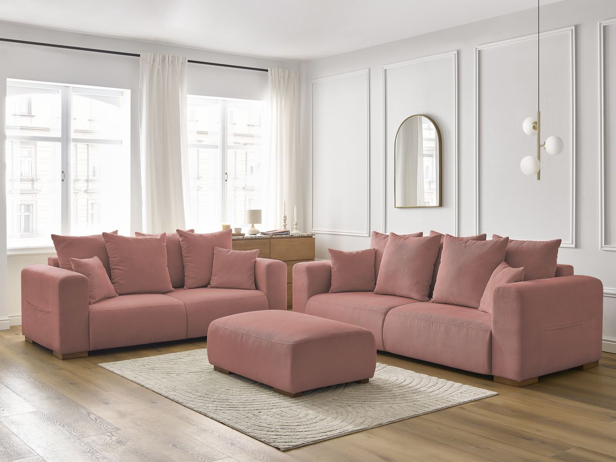 Ensemble canapé droit fixe 3 + 2 places SIDONIE velours côtelé avec pouf