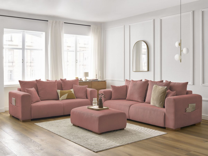 Ensemble canapé droit fixe 3 + 2 places SIDONIE velours côtelé avec pouf