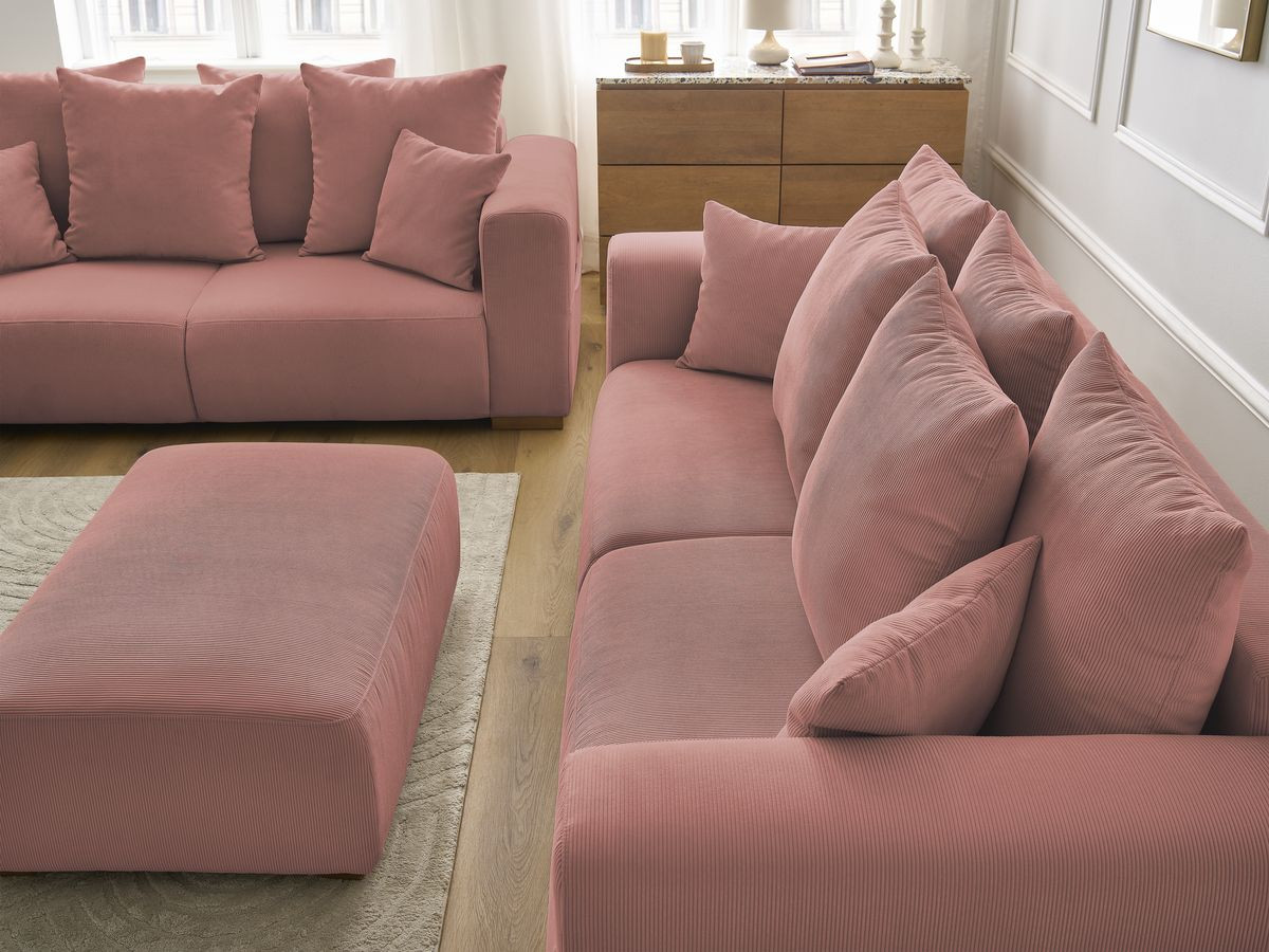 Ensemble canapé droit fixe 3 + 2 places SIDONIE velours côtelé avec pouf