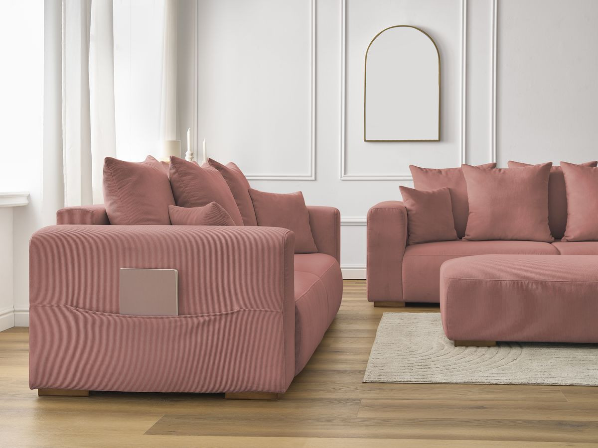Ensemble canapé droit fixe 3 + 2 places SIDONIE velours côtelé avec pouf
