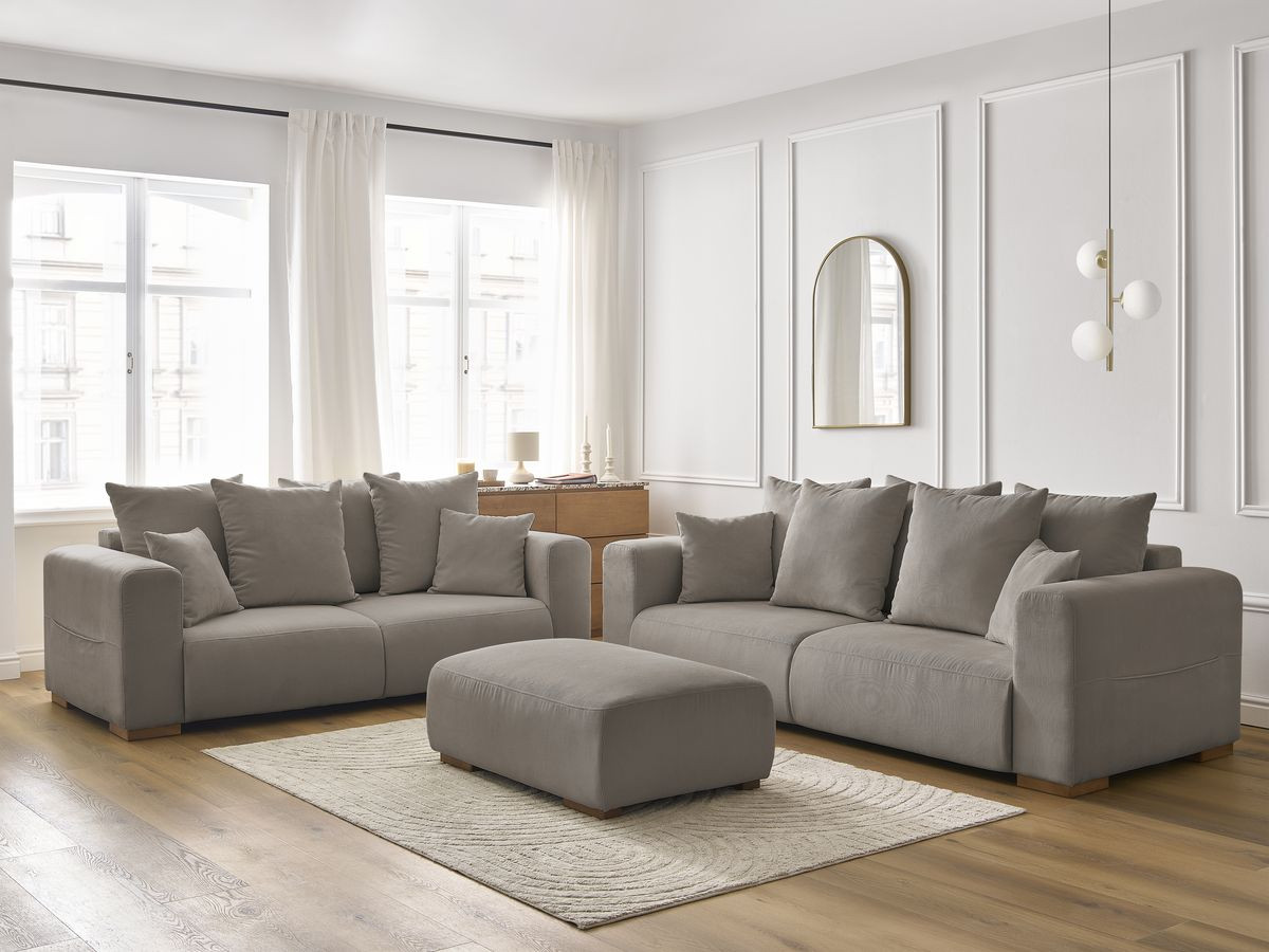 Ensemble canapé droit fixe 3 + 2 places SIDONIE velours côtelé avec pouf