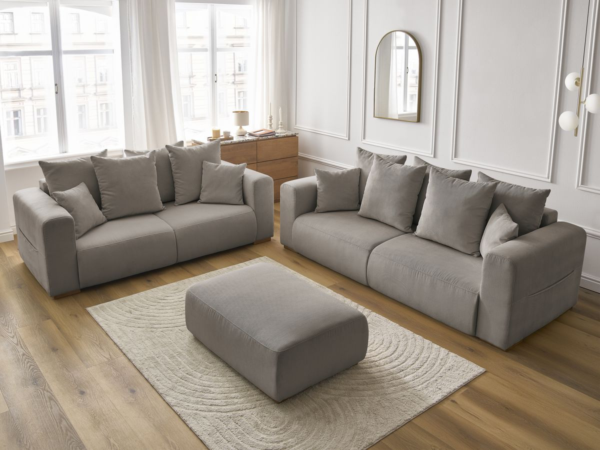 Ensemble canapé droit fixe 3 + 2 places SIDONIE velours côtelé avec pouf