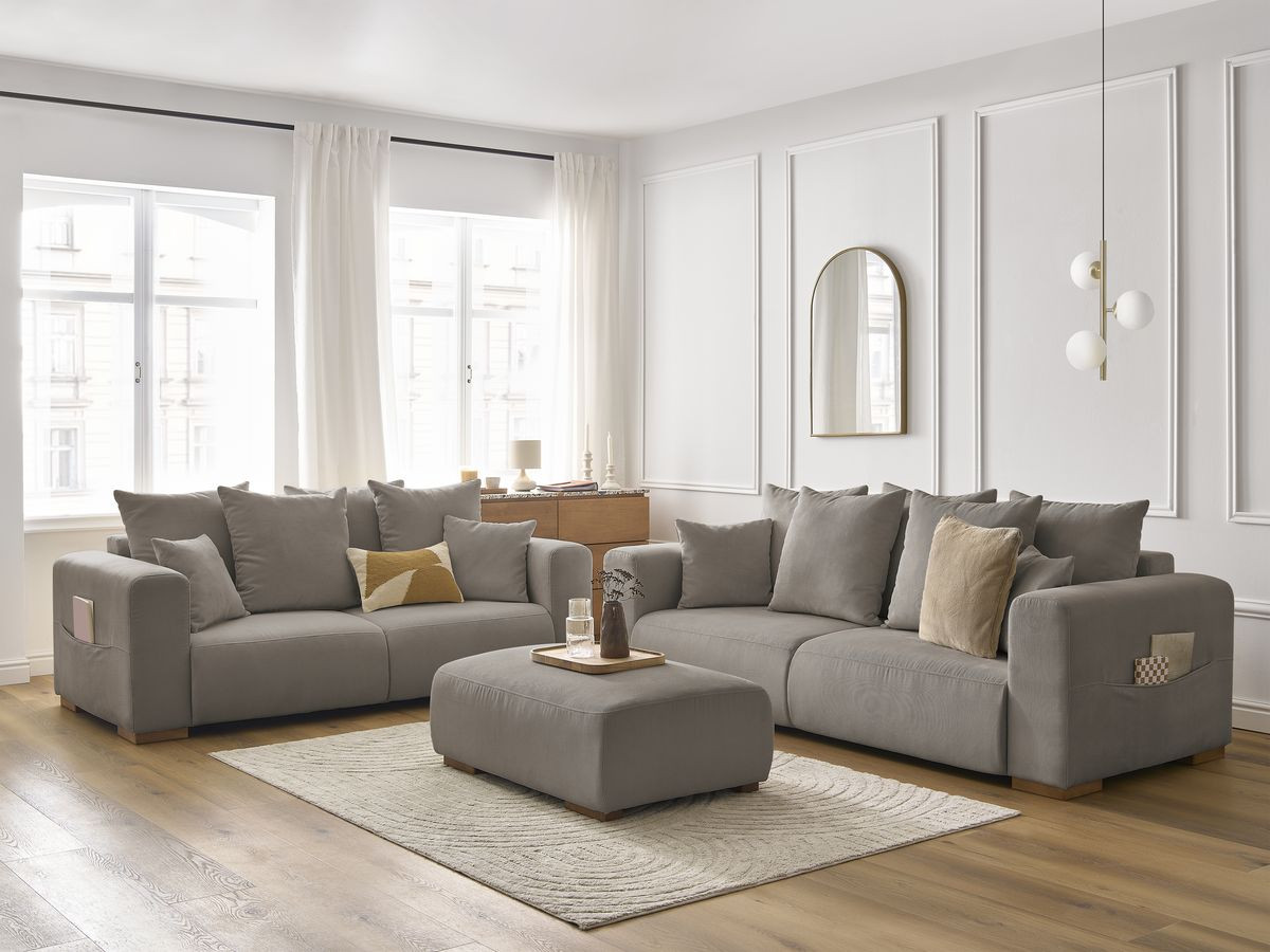 Ensemble canapé droit fixe 3 + 2 places SIDONIE velours côtelé avec pouf
