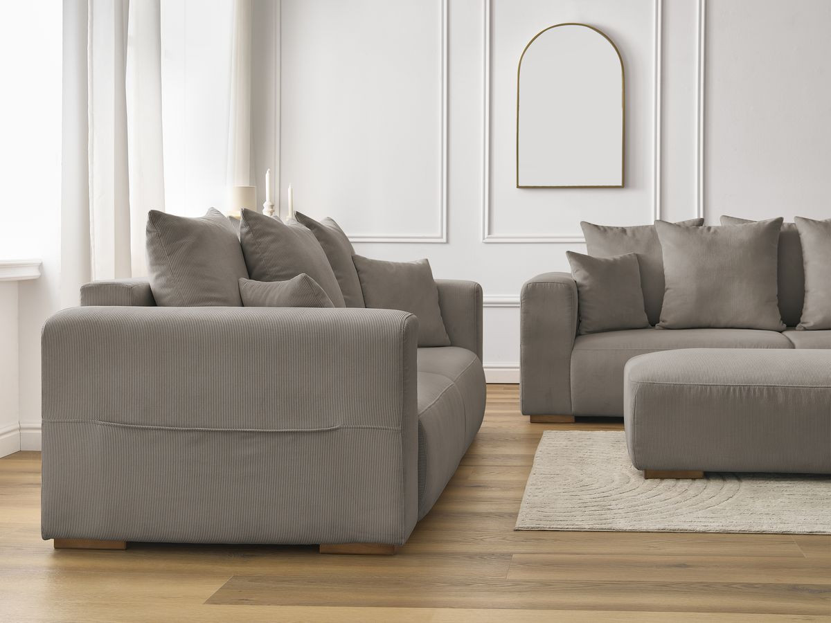 Ensemble canapé droit fixe 3 + 2 places SIDONIE velours côtelé avec pouf