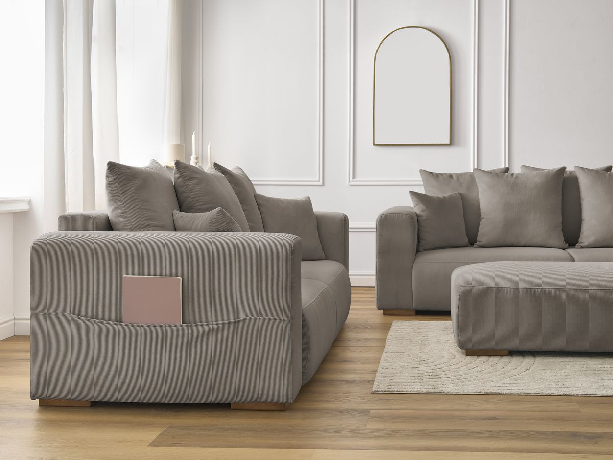 Ensemble canapé droit fixe 3 + 2 places SIDONIE velours côtelé avec pouf