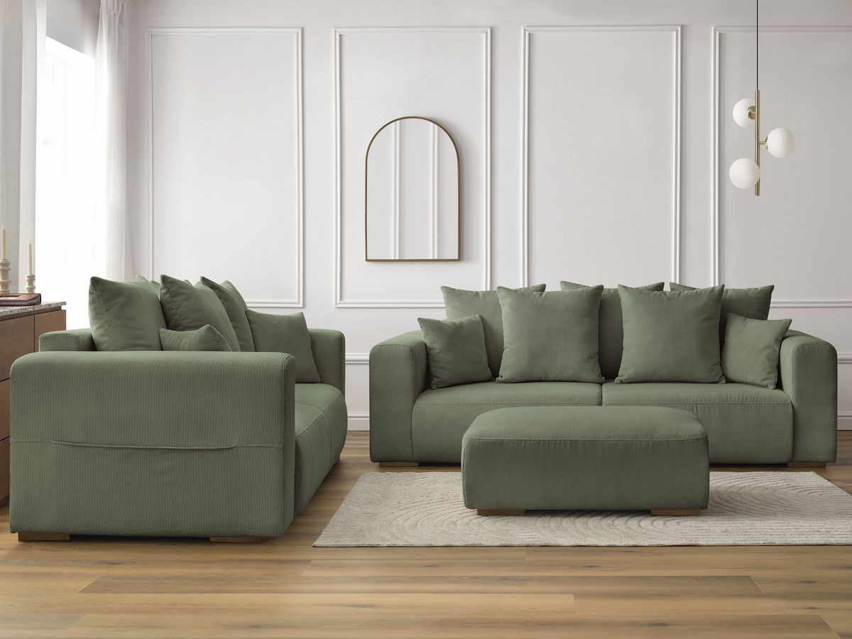 Ensemble canapé droit 3 + 2 places SIDONIE velours côtelé avec pouf vert — vue 5