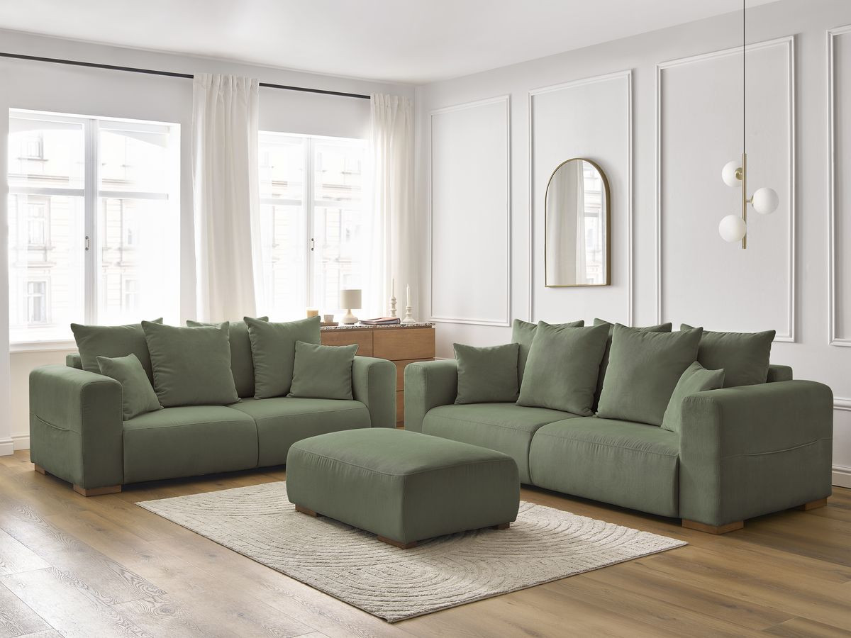 Ensemble canapé droit fixe 3 + 2 places SIDONIE velours côtelé avec pouf