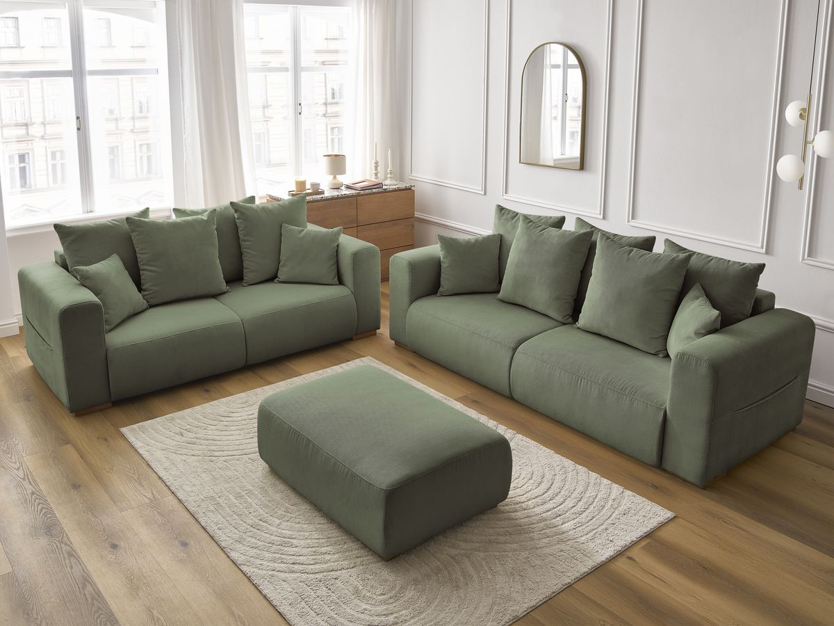 Ensemble canapé droit fixe 3 + 2 places SIDONIE velours côtelé avec pouf