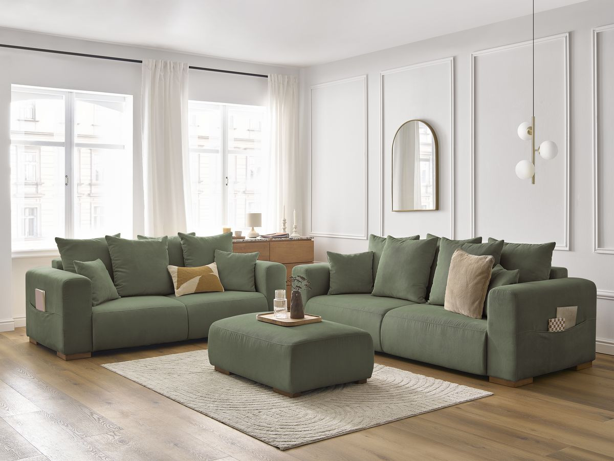 Ensemble canapé droit fixe 3 + 2 places SIDONIE velours côtelé avec pouf
