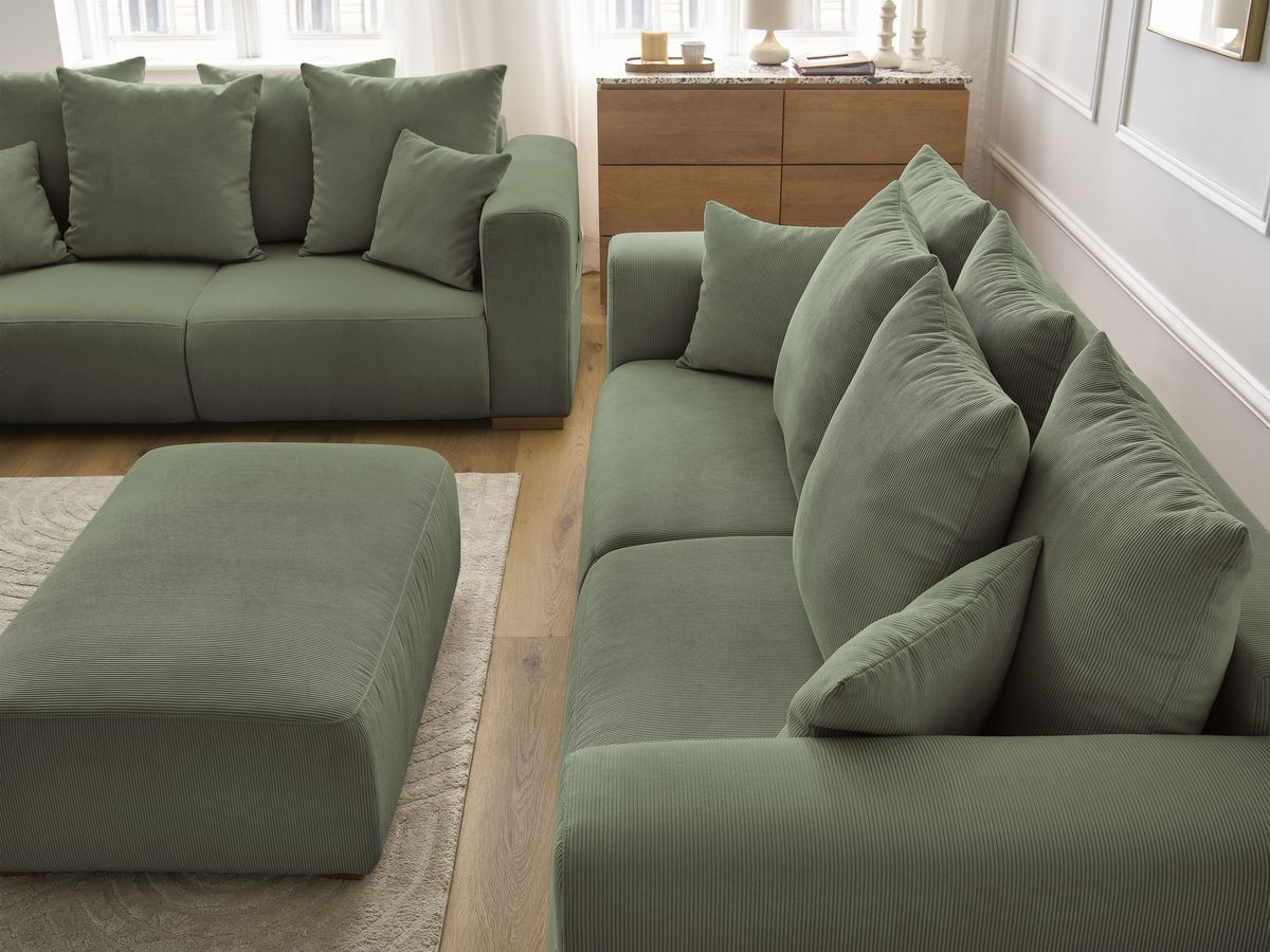 Ensemble canapé droit fixe 3 + 2 places SIDONIE velours côtelé avec pouf