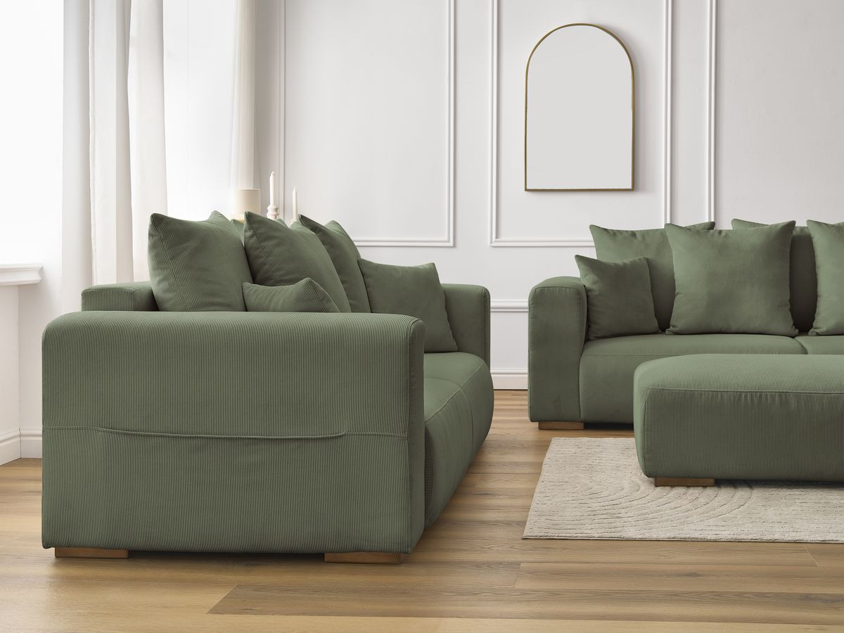 Ensemble canapé droit fixe 3 + 2 places SIDONIE velours côtelé avec pouf