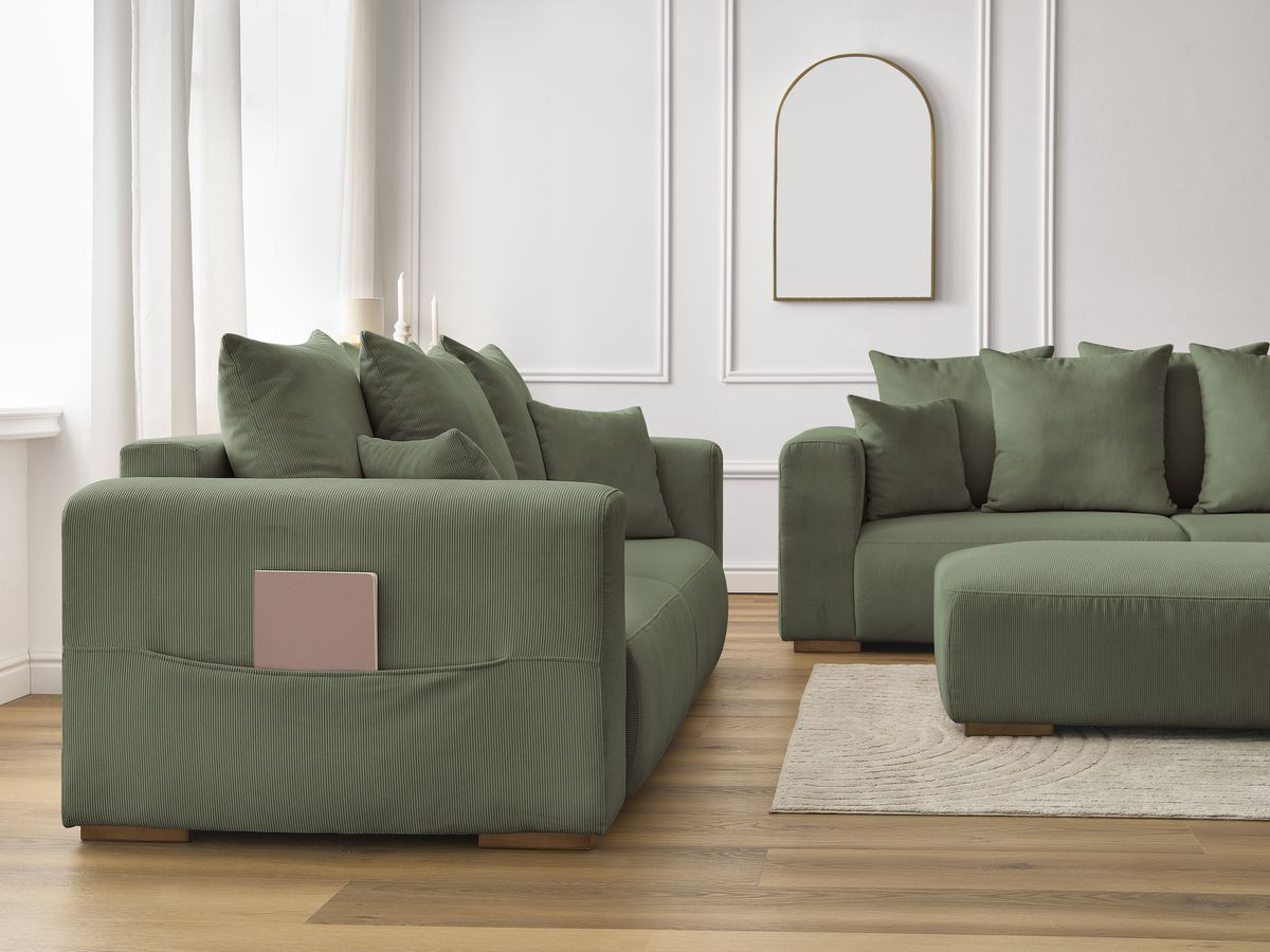 Ensemble canapé droit fixe 3 + 2 places SIDONIE velours côtelé avec pouf