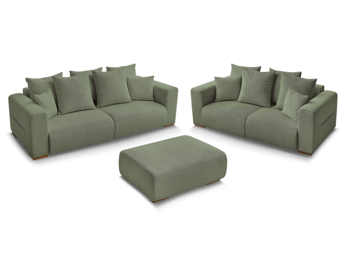Ensemble canapé droit fixe 3 + 2 places SIDONIE velours côtelé avec pouf