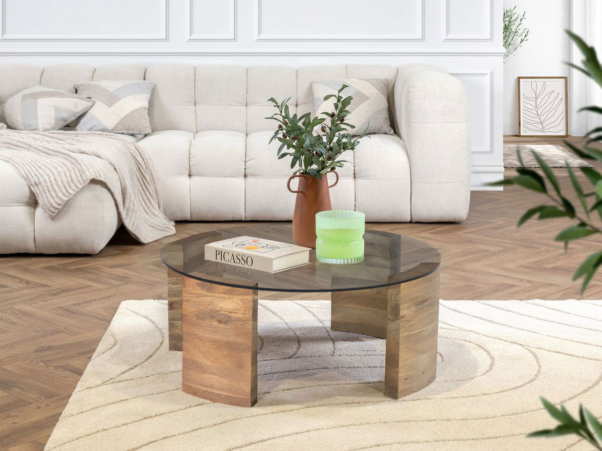Table basse ronde D.85 cm TORVI plateau verre et pieds bois massif de manguier clair