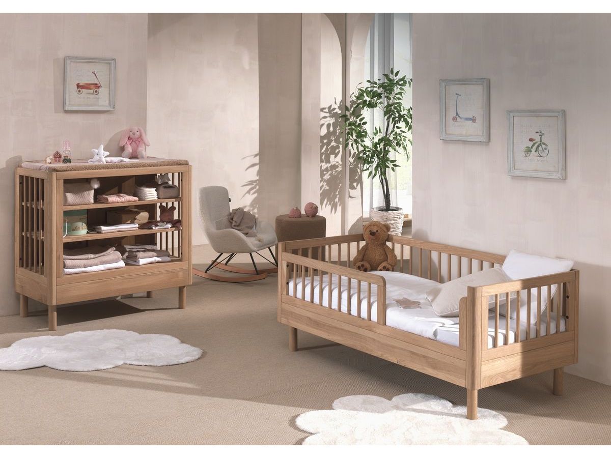 Ensemble ADELIA lit enfant avec commode 2 étagères chêne massif