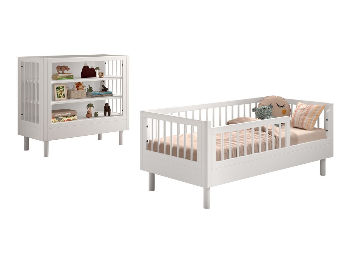 Ensemble ADELIA lit enfant avec commode 2 étagères hêtre massif