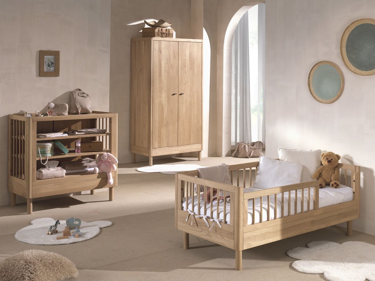 Ensemble lit enfant 70 x 140 cm ADELIA avec armoire + commode 2 étagères chêne massif