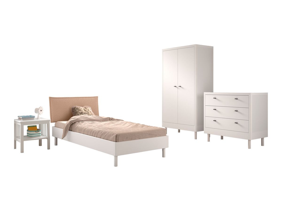 Ensemble lit enfant EMERY avec chevet + armoire + commode 3 tiroirs hêtre massif