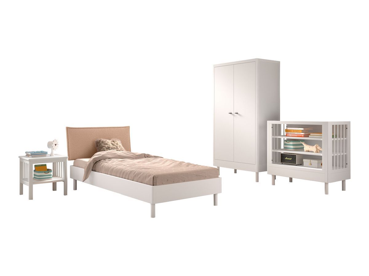 Ensemble lit enfant EMERY avec chevet + armoire + commode 2 étagères hêtre massif