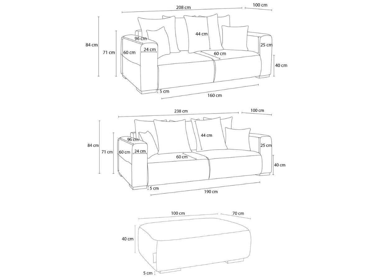 Ensemble canapé droit fixe 3 + 2 places SIDONIE tissu chiné avec pouf